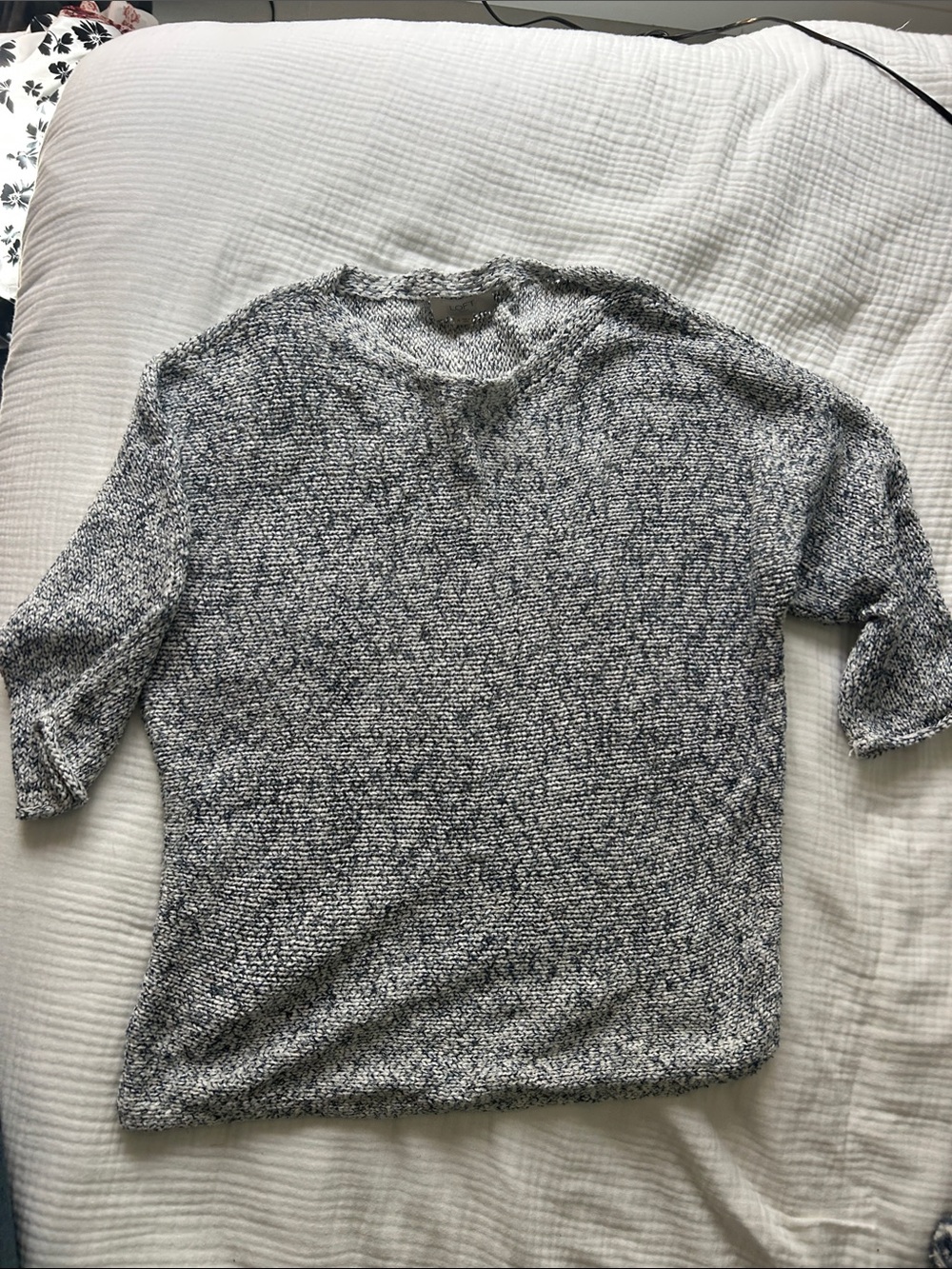LOFT Gray Marled 3/4-Sleeve Crewneck Sweater